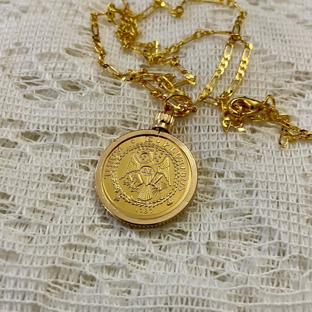 1787 Eagle Gold Plated Coin Pendant with  18-inch Gold Plated Figaro Chain Nec…